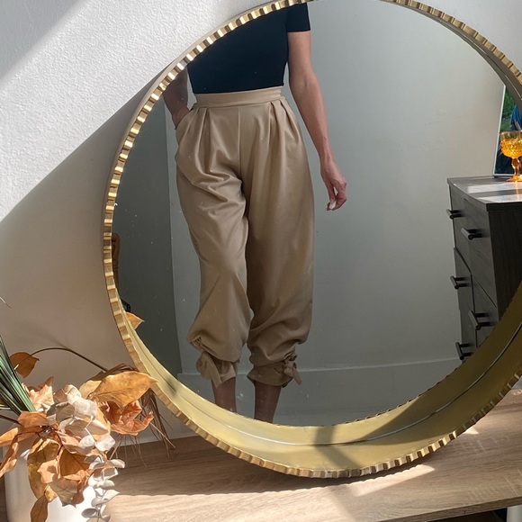 High waist Zip Front Tie Bottom Beige Pants - Picture 1 of 7